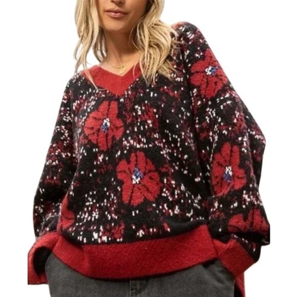 POL Oversized Knit Sweater | Floral Embroidery, Balloon Sleeves, Black, NWOT, L - Picture 2 of 9